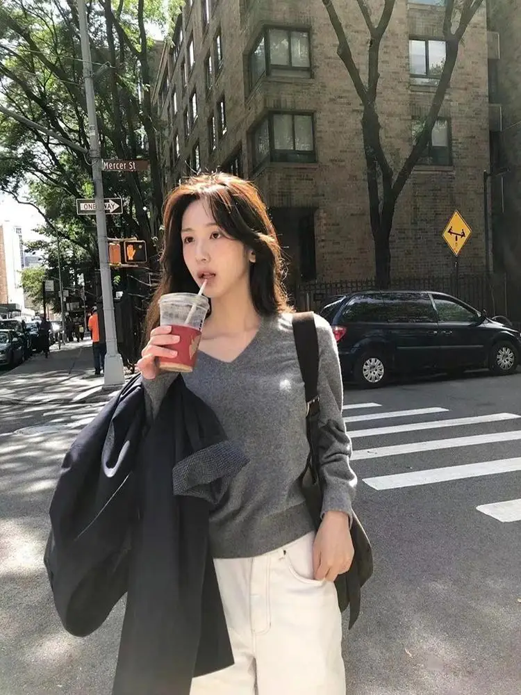 Casual Woolen Women's Pullover V-Ne Top Winter New Sle Commute Sle Long Sve Regular Length  Color Faion