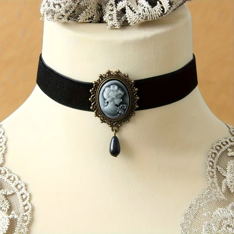 Gotische Halskette, Retro Oval, Damen, Schwarzes Leder, mit Tropfenanhänger, geeignet für Party-Rollenspiele, Schmuck, Partygeschenke