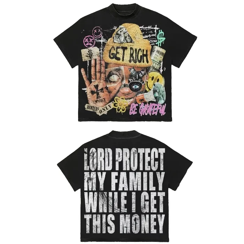 2026 Get Rich Double Sided Streetwear T‑Shirt Hip‑Hop Collage Distressed Money Slogan Print Unisex Oversized Short Sleeve Tee