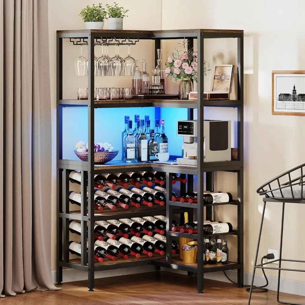 

Large Corner Wine Rack, 63'' Corner Bar Cabinet with Power Outlet and LED Light, 5-Tier L Shaped Industrial Liquor Cabinet