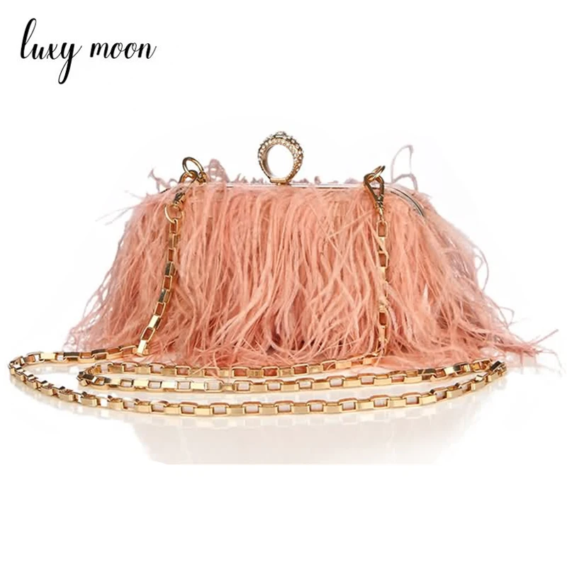 

Luxy Moon Designer Ostrich Fur Feather Wallet Clutch Bag Women Clutch Diamond Knuckle Rings Dinner Evening Bag Chain Purse ZD855