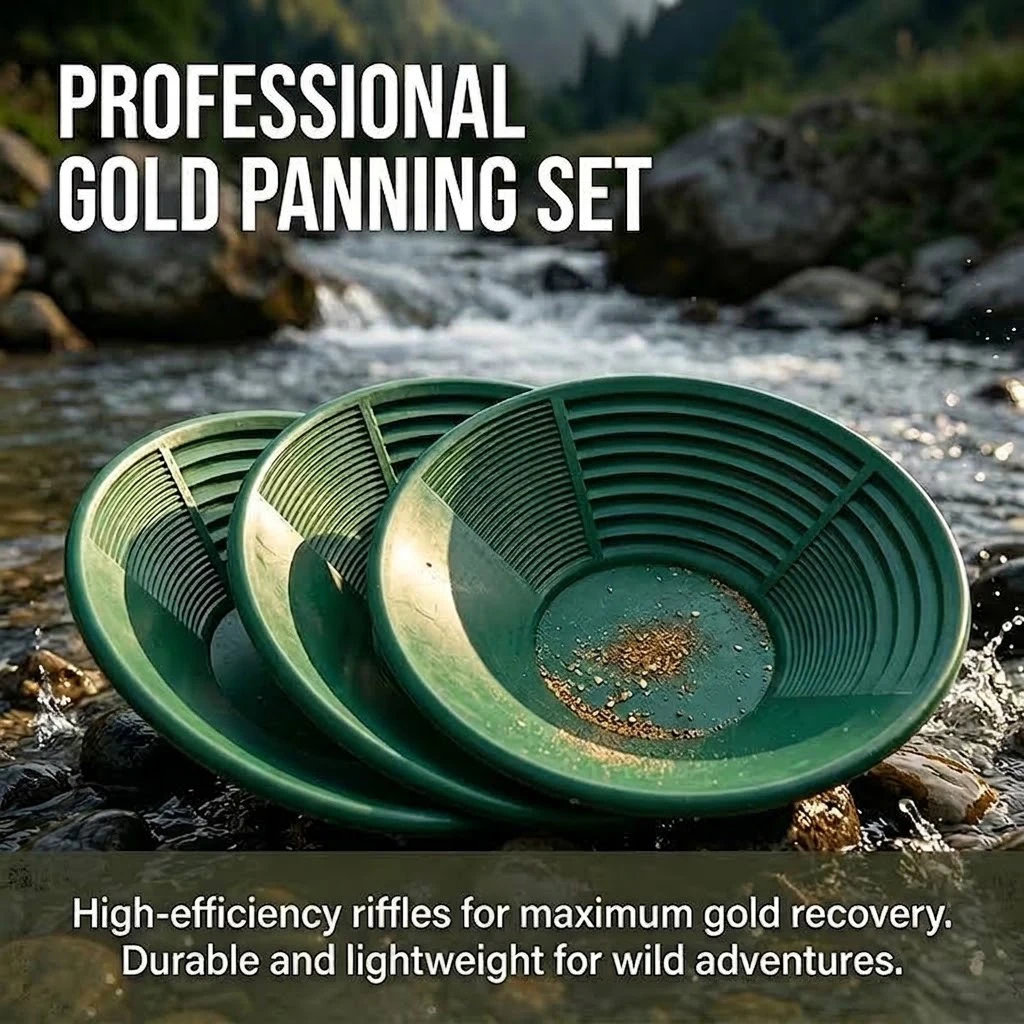 Hand gold panning pan–gold panning tool;portable plastic gold pan for manual placer gold recovery,featuring gold-trapping ridges