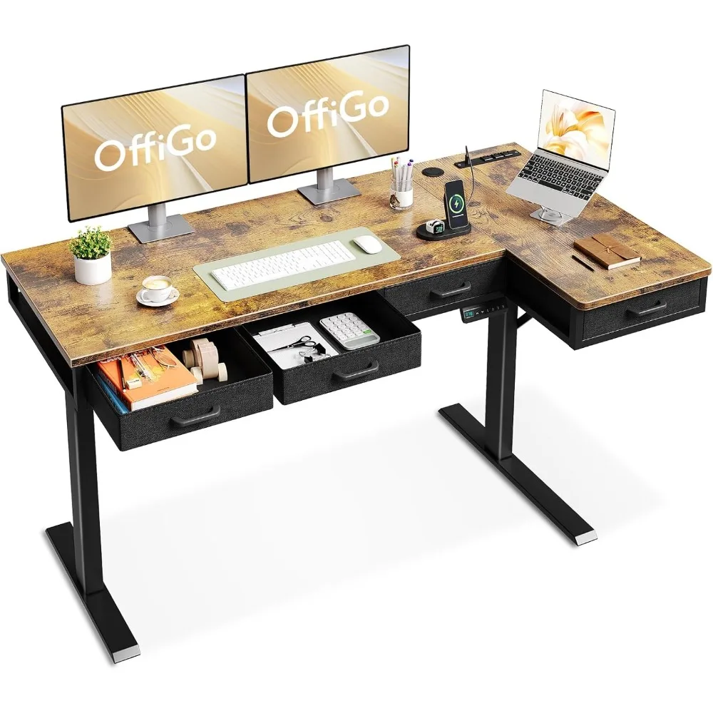 L Shaped Electric Standing Desk with Drawers, Height Adjustable Large Desk with Power Outlets, Sit Stand Table, Computer Desk