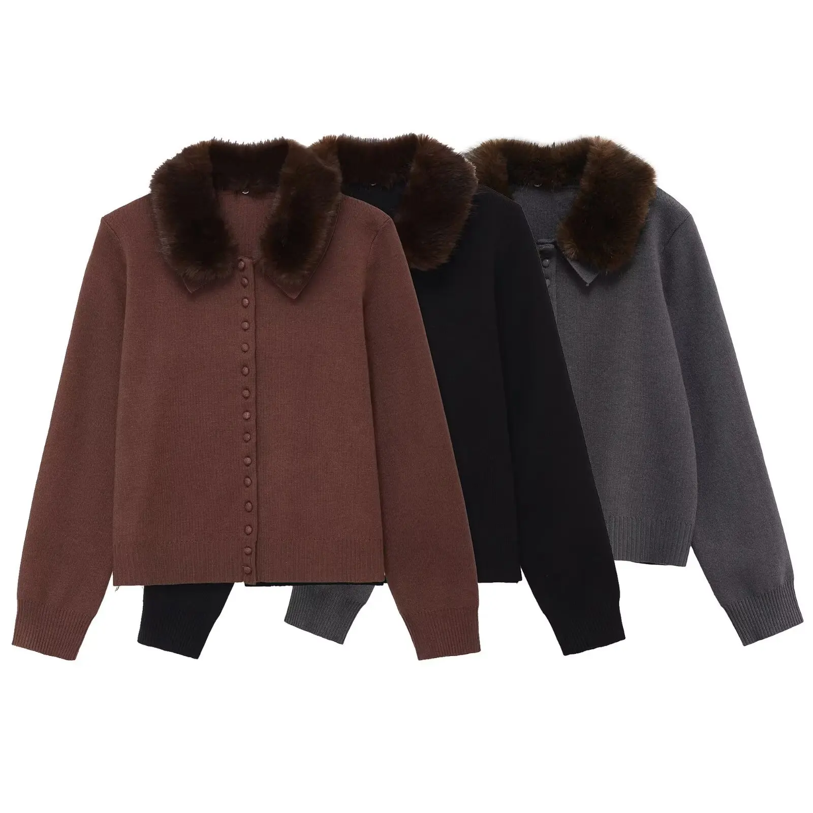 

Женская осенняя вязаная куртка с лацканами в европейском и американском стиле с эффектом искусственного меха 2025 года