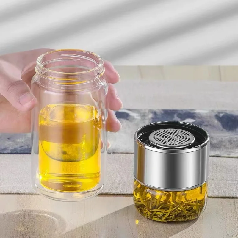 Double Wall Glass Teacup Borosilicate Glass Tea Water Bottle with Independent Tea Infuser Portable Water Mugs Drinkware