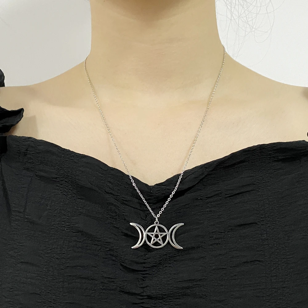 Stainless steel Triple Moon Goddess Pendant Necklaces For Men Women Wicca Pentagram Magic Supernatural Amulet Necklace