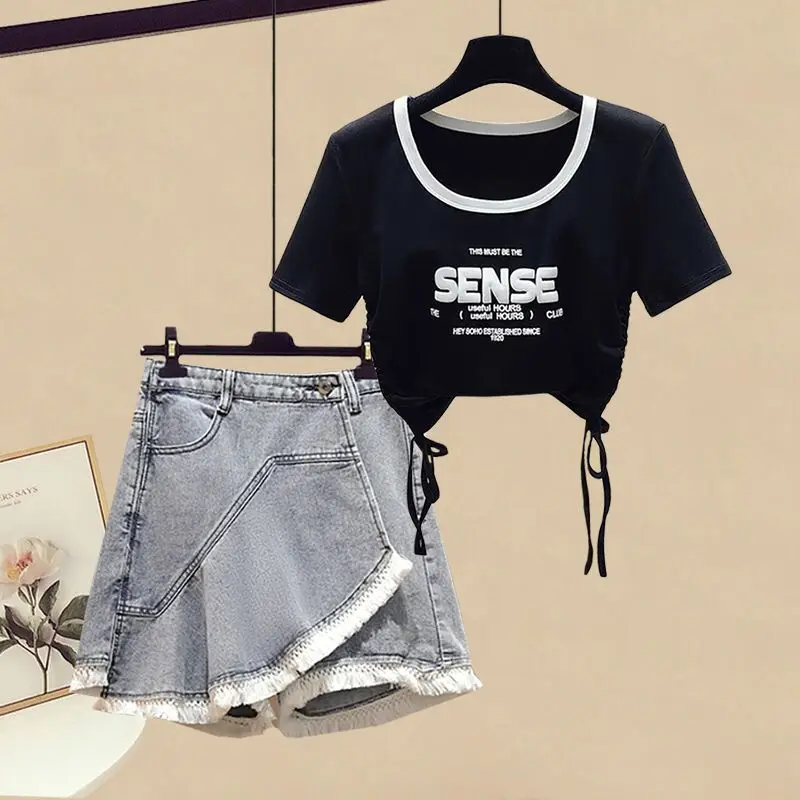 Girls Summer Set New Drawstring Letter Short sleeved T-shirt Lace Jeans Skirt Two piece Children's Clothing Set