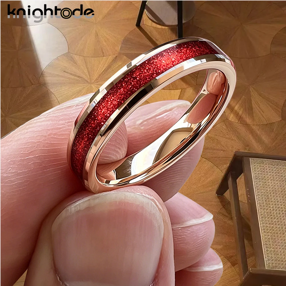 4mm Women Tungsten Carbide Wedding Rings Flat High-Polished Set with Red Flowing Sand Inlay Suitable for Daily Wear Comfort Fit