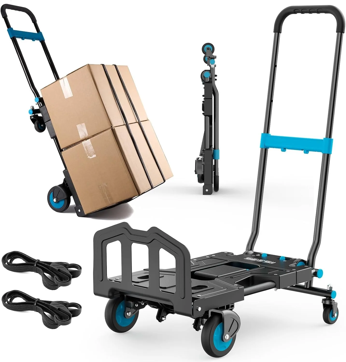 SEESII zusammenklappbarer Handwagen-Dolly, 150 kg Fassungsvermögen, TPR-Räder, robuster Wagen, 3 Gänge, einziehbar, für Utility Move Shopping Delivery