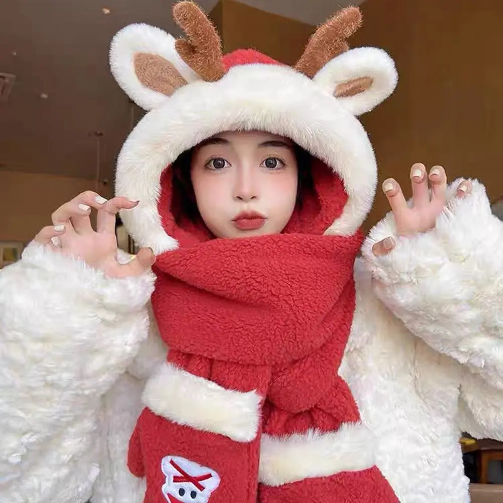 Cute Red Antler Christmas Hat Loose Fleece-lined Knitted Woolen Cap Windproof Fluffy Winter Hat