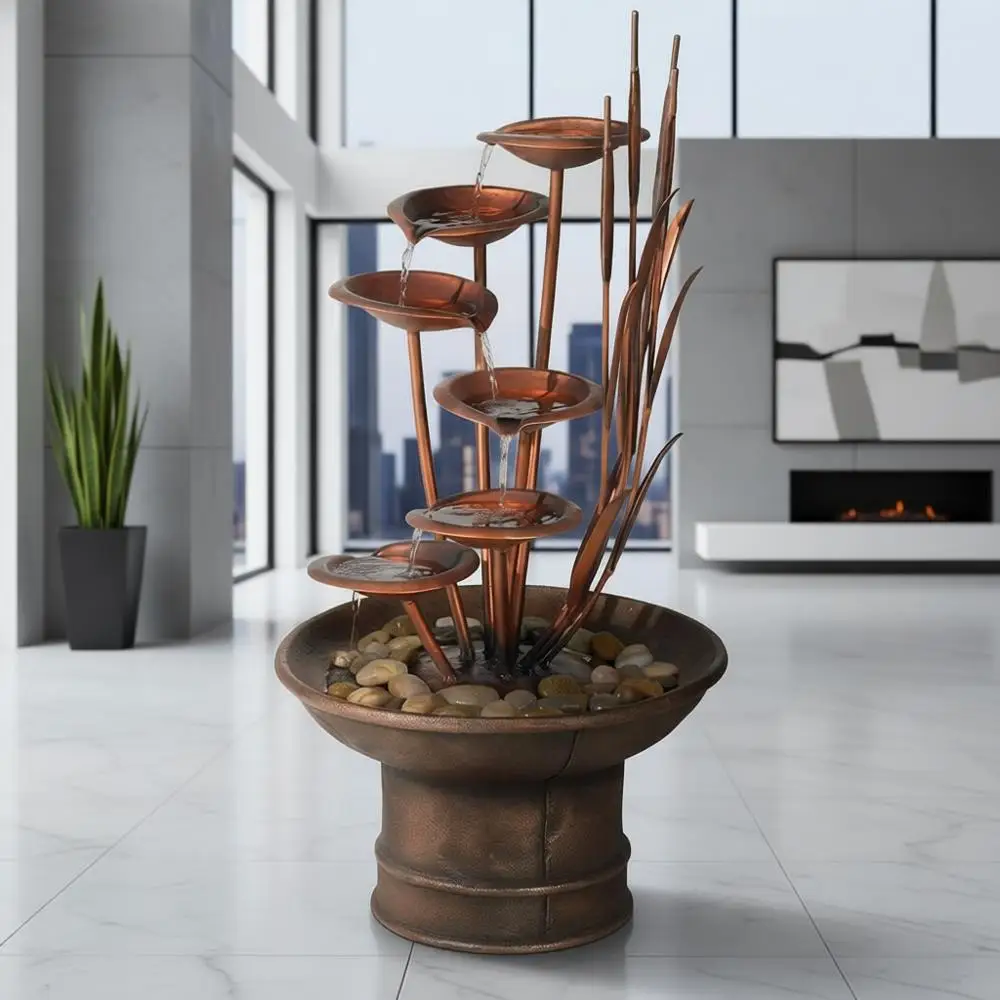 

Ashton Water Lilies and Cat Tails 33" High Large Asian Indoor Outdoor Decor Resin Floor Fountain Standing Waterfall Tiered Water