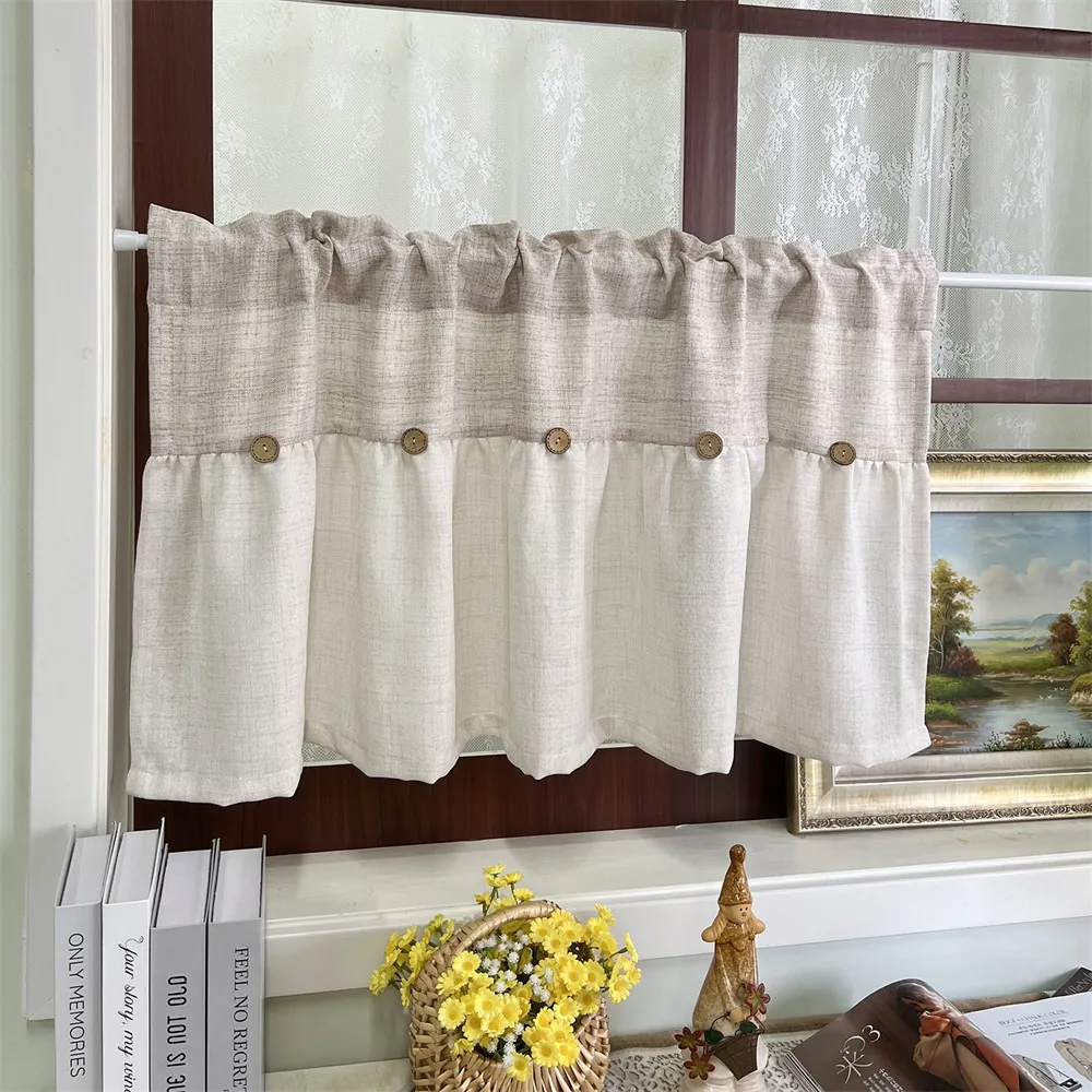 Vintage Short Splicing Curtain Cloth Creative DIY Button Design Half Curtain Kitchen Living Room Office Window Treatment Decor