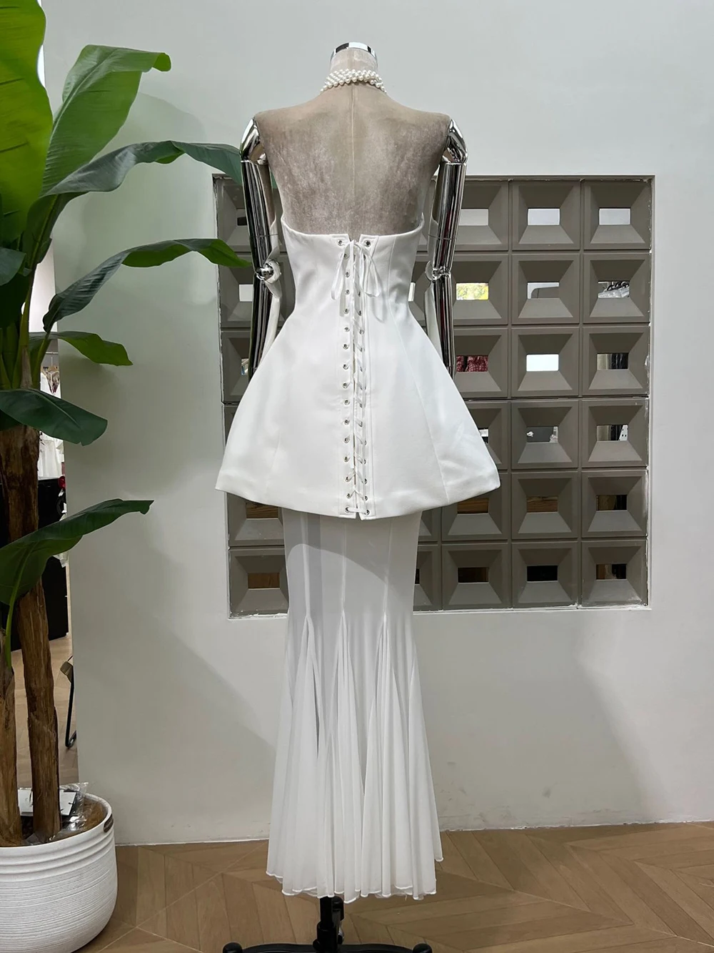 Modphy elegante boda Top de encaje blanco + falda de sirena de malla conjunto de vestidos largos adelgazantes de Color sólido sin tirantes para mujer