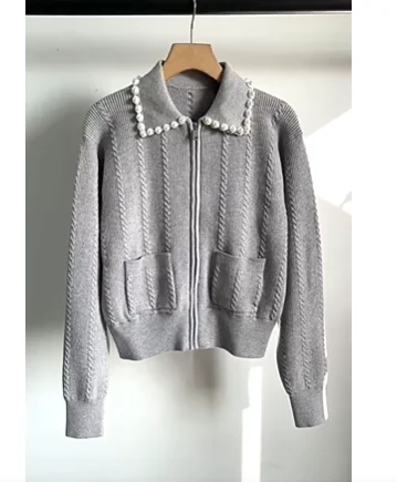 2026 Spring Women's Gray Zipper Twisted Sweater Pearls Beading Turn-Down Collar Lady Knit Cardigan Coat with Pockets