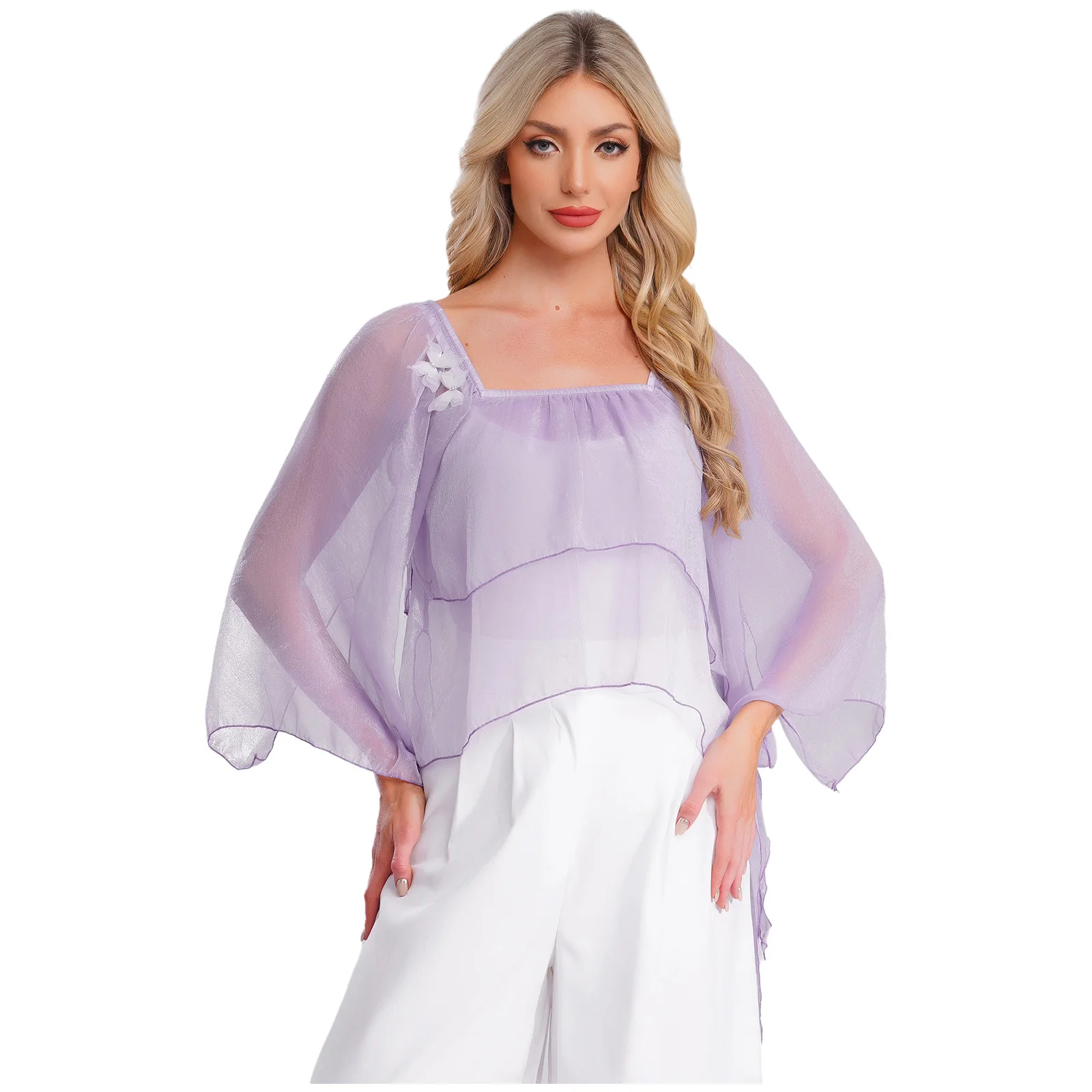 

Womens Chinese Traditional Style Sheer Tops with Butterfly Brooches Flared Sleeve Cover Up Blouse Modern Classical Dance Costume