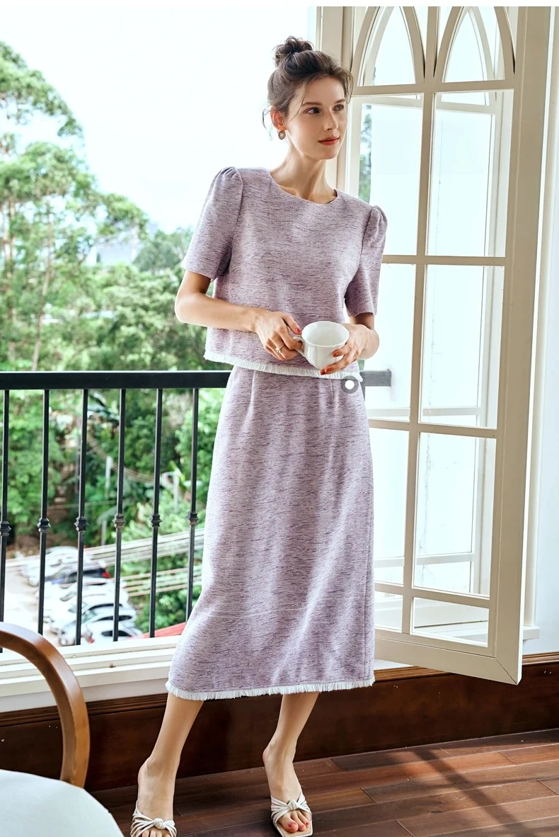 OLrain مكتب السيدات الأرجواني تويد تنورة مجموعات امرأة الصيف ملابس أنيقة 2025 سيدة قصيرة الأكمام بلايز شق ميدي تنورة O24XE91215 #6