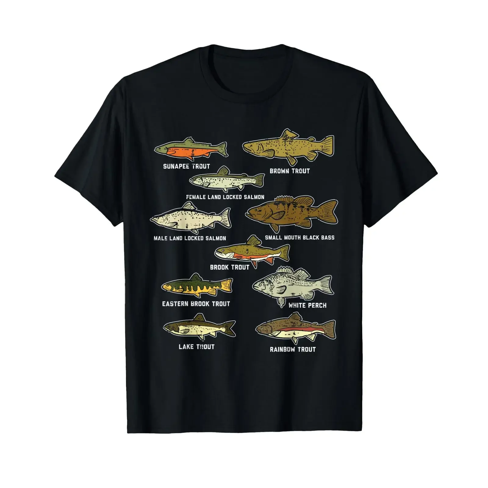 Camiseta vintage con estampado de especies de peces, trucha, salmón, lubina, para pescadores, para uso diario, elegante y transpirable
