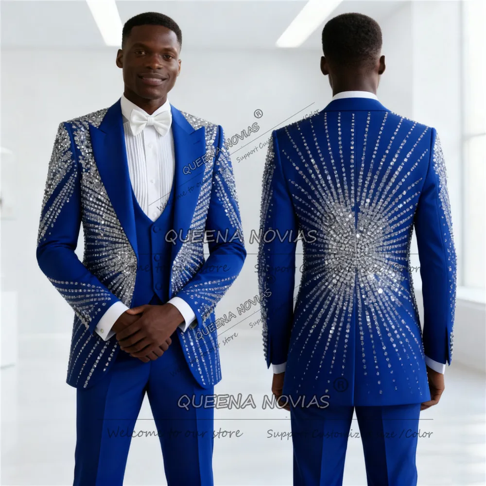 

Сверкающие кристаллы, бисер, смокинги для жениха, комплекты из 3 предметов, однобортный костюм, наряд для мужчин, мужские деловые наряды по индивидуальному заказу, роскошные