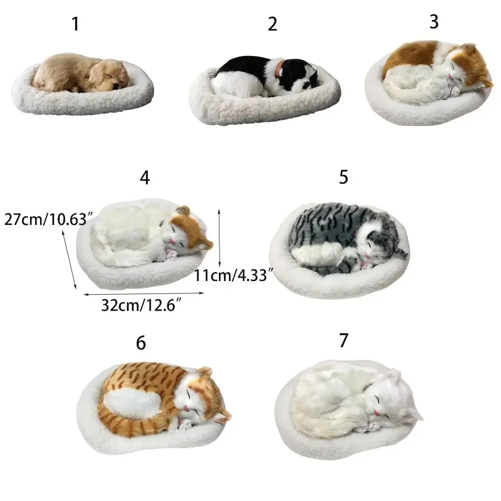 Realistic Plush Sleeping Cat and Dog, Ornamento peludo respirável, brinquedo de pelúcia com esteira, Pet eletrônico para casa, Decoração do quarto