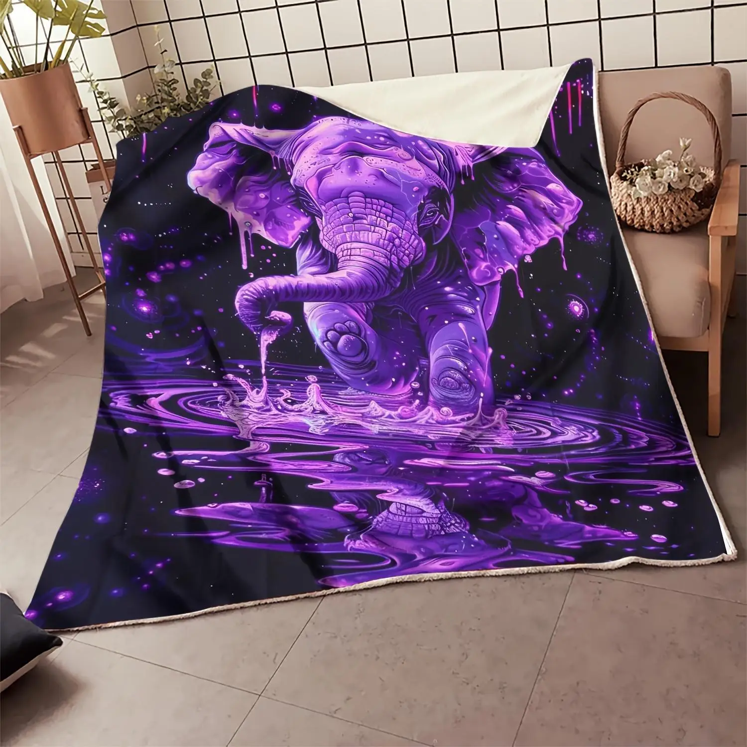 Ultra Soft Flannel Throw Blanket Purple Elephant Pattern on Black Background For Sofa Bedroom Office Valentine's Day Gift