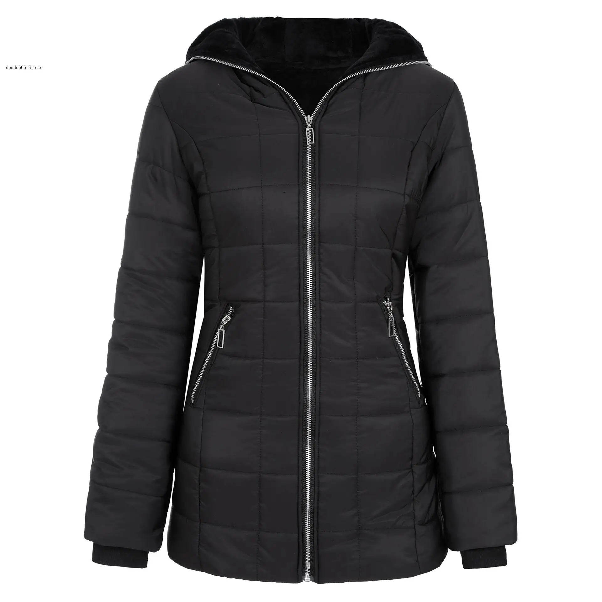 Winter Cotton-Padded Coat Women\'s Hooded Warm Velvet Cotton-Padded Jacket Mid-Length Coat Casual Black Cotton-Padded Jacket