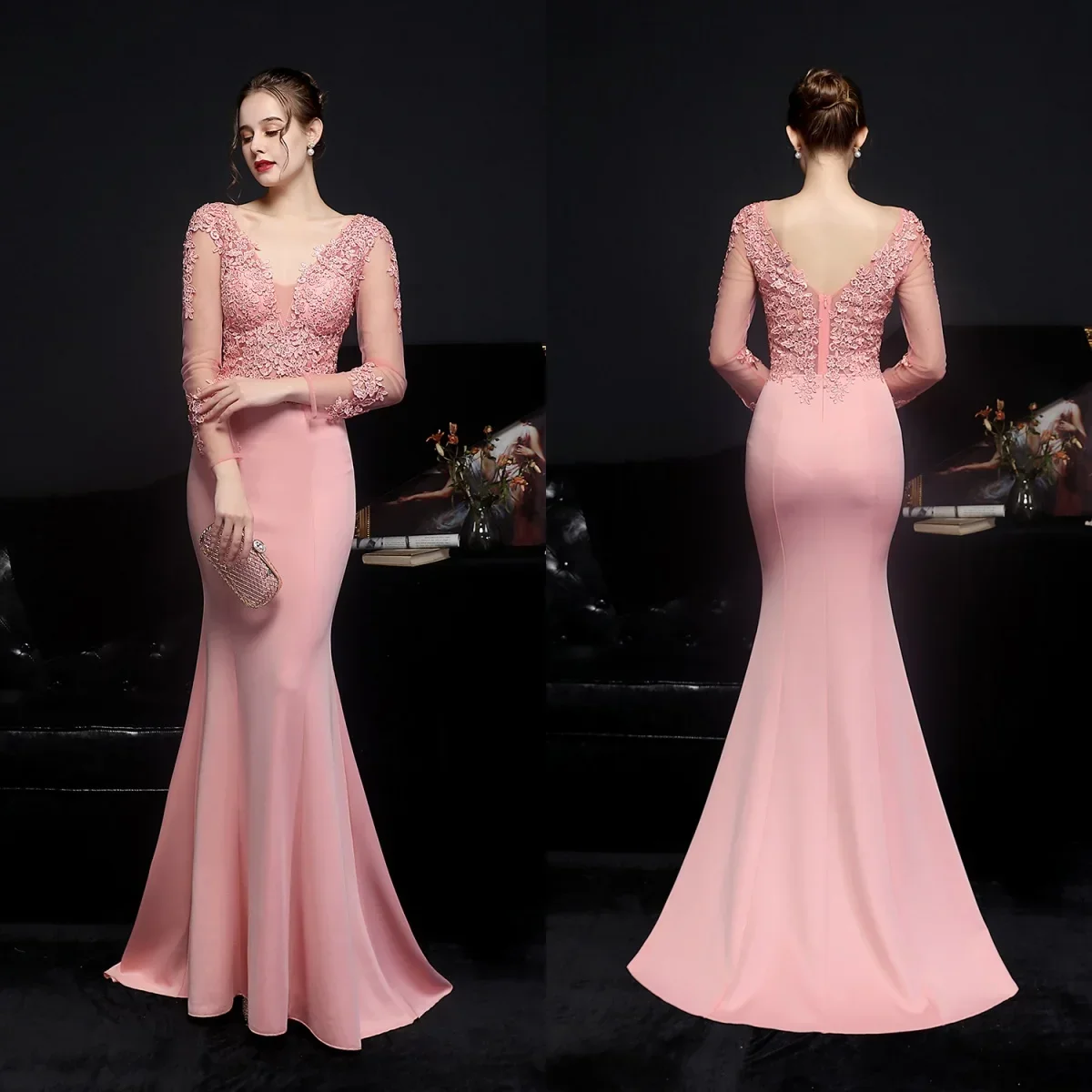 

Evening Dress Pink Appliques Stretchy Full Sleeves V-neck Zipper Mermaid Trumpet Floor Length Women Party Formal Gowns YE079