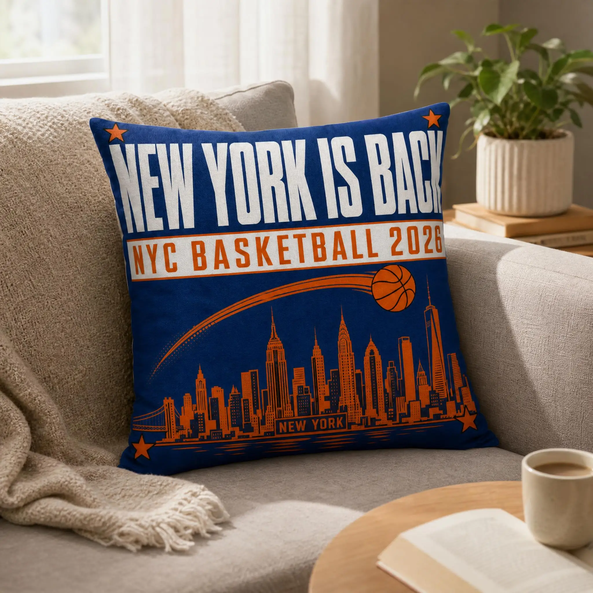 Funda de cojín de baloncesto con paisaje urbano de Nueva York en azul y naranja, funda de almohada cuadrada con eslogan de baloncesto Vintage New York Skyline, decoración suave C