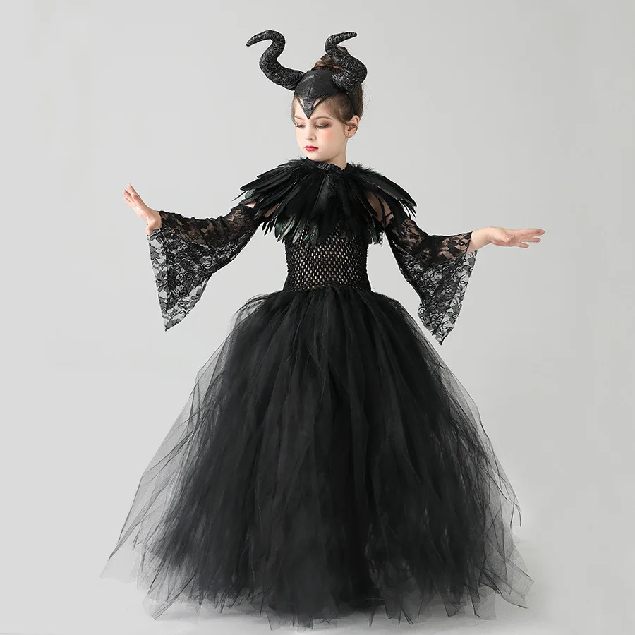 Halloween Children Cosplay Sleeping Witch Costume Black Sleeping malse Tulle Dress Girl Evil Queen Black Mesh Princess Dresses