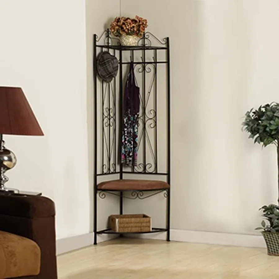 Entryway hallways: black metal corner rack with bench 6 hooks, durable steel construction, sleek matte black finish, space-savi