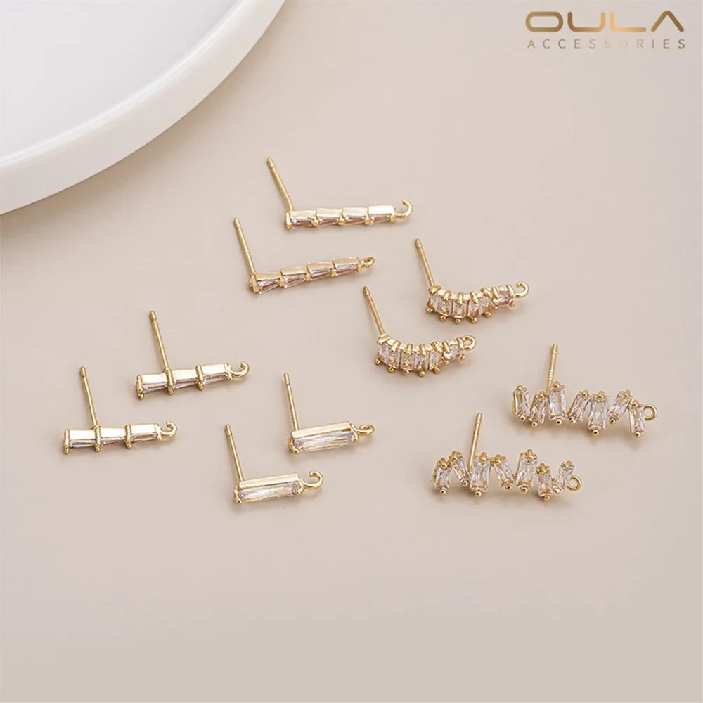 14K Gold-Plated T-Shaped Zirconium Straight-Line Hanging Ear Stud Irregularly Rectangular Zircon 925 Silver Needle DIY Earrings