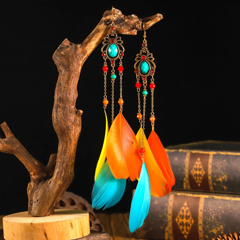 Neue Böhmische Kristall Kupfer Kette Feder Lange Tropfen Ohrringe für Frauen Retro Gypsy Ethnische Temperament Gold Farbe Schmuck Geschenk – Detail 2