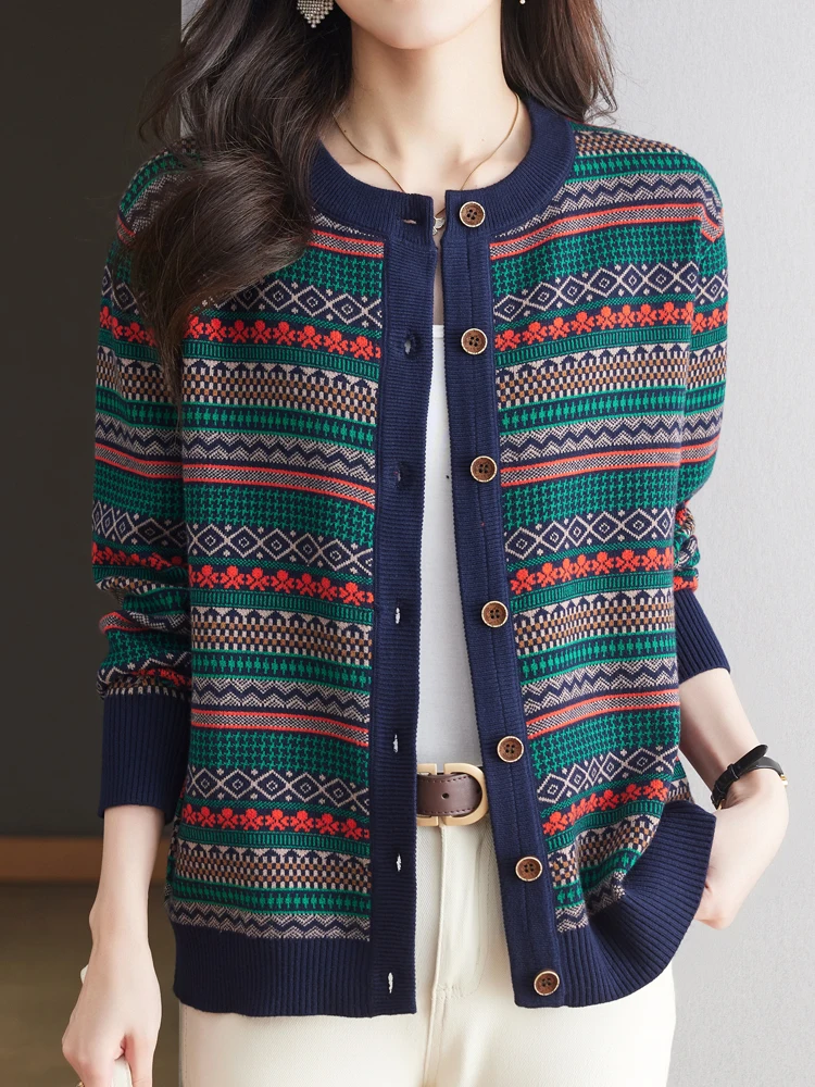 Cardigan à imprimé géométrique pour femmes, pull à manches longues, tricots à simple boutonnage, vêtements de printemps et d'automne