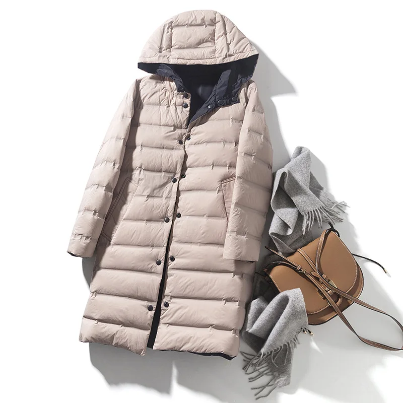 

Wear Both Sides Autumn Winter Women Light Thin White Duck Down Jacket Hooded Down Coat Ladies Warm Long Puffer Parkas Outwears