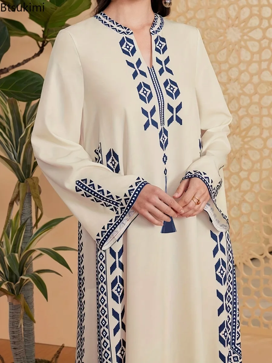 Fashion Muslim Abaya Women's Print V-neck Robe Spring New Long Sleeve Ethnic Style Casual Maxi Dress Arab Elegant Women Clothing 2