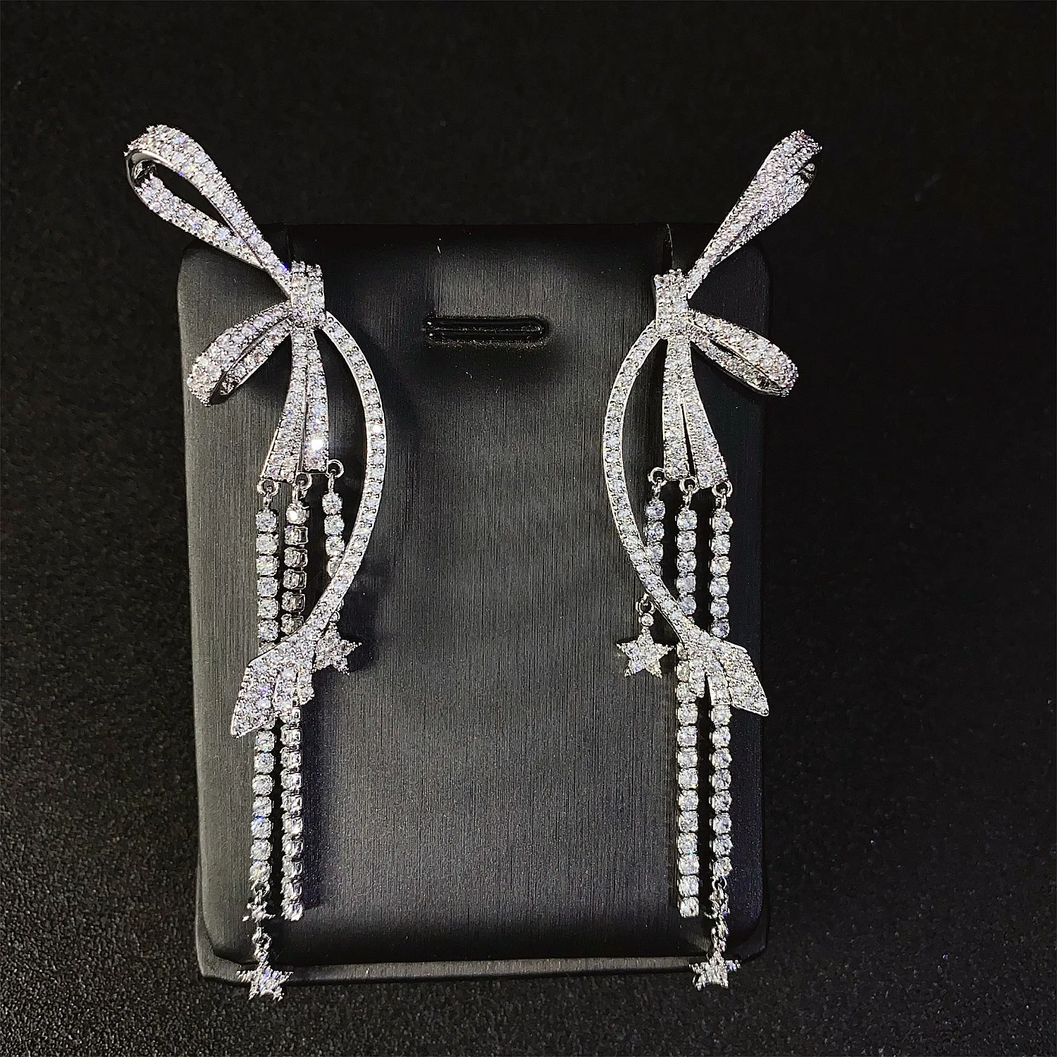 sweet shiny bowknot earrings zircon silver gold color luxury jewelry women cute long tassel pendant earrings party gift female