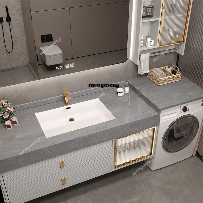 Neues Design Balkon-Waschmaschinen-Schrank-Kombination Massivholz-Badezimmerschrank Schiefer Nahtloses Keramik-Handwaschbecken Toilette