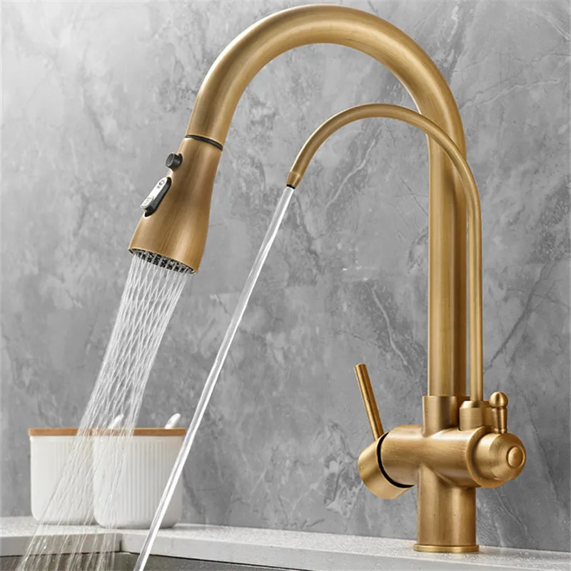 Antique Pull Out Kitchen Faucet Water Filter Tap Brass Crane For Kitchen Deck Mounted Sink Faucet Mixer 3 Way Kitchen Faucet