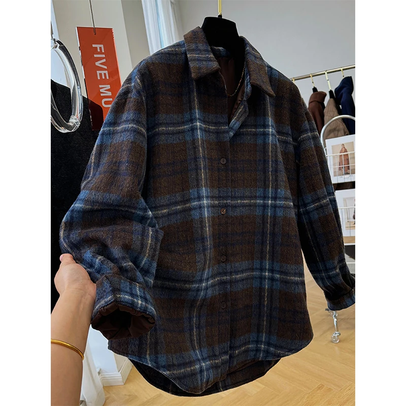 

Vintage Plaid Shirts Women Harajuku Oversized Long Sleeve Blouses Autumn Winter Streetwear Korean Single Breasted Casual Tops