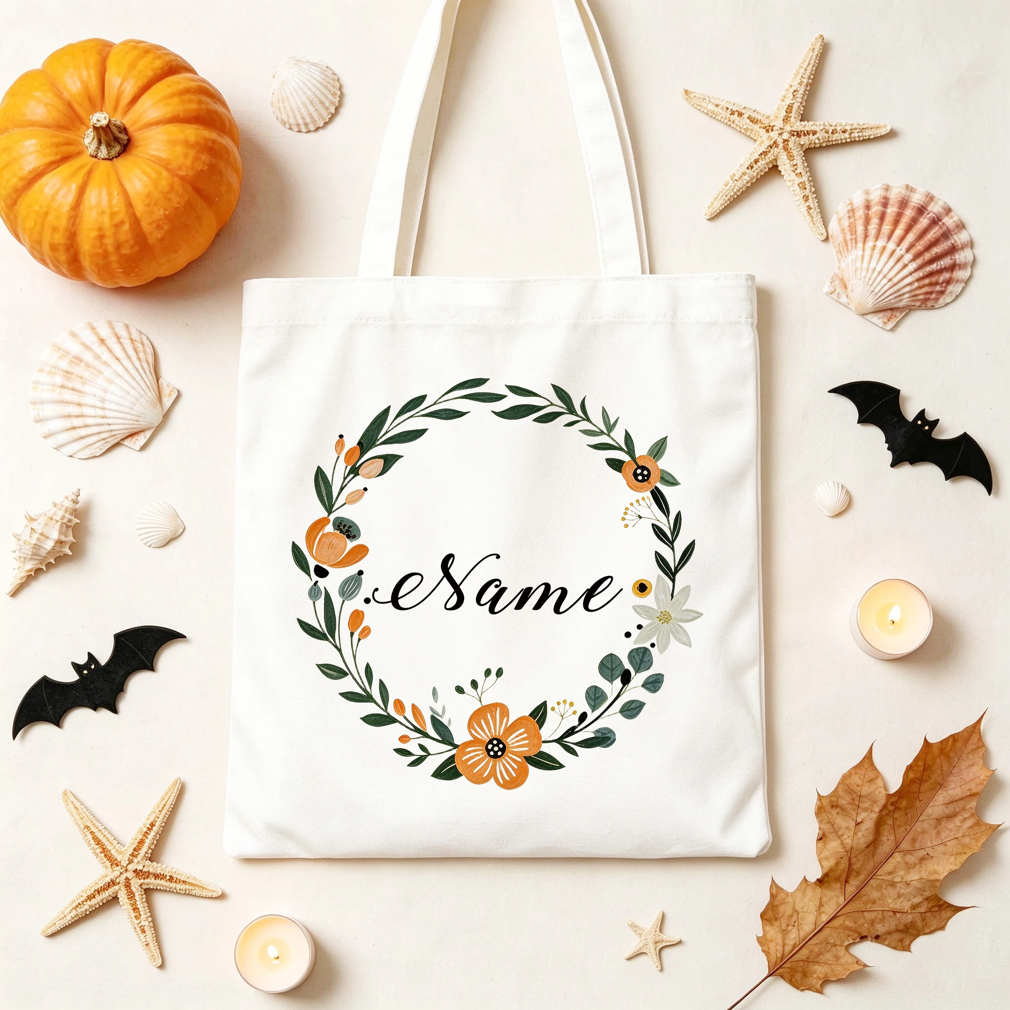 Personalized Floral Wreath Canvas Tote Bags Custom Names Orange Flower Botanicals Grocery Shopping Bags Reusable for Women Gifts