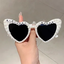 KAMMPT Birthday Queen Letters Pink Shades Heart Shaped Decor Present Glasses White Pearl Party Gift Props Frame for Ladies