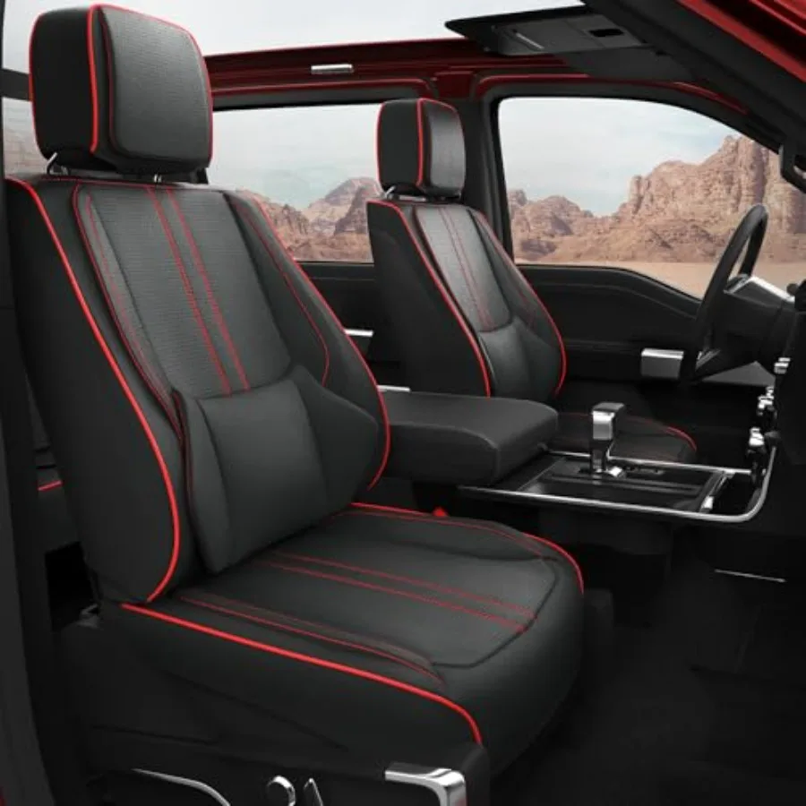 

Чехлы на сиденья на заказ для Ford F-150 Crew Cab 2015-2024, полный комплект, водонепроницаемые, из черной кожи с красной строчкой, полностью закрывающие, защитные