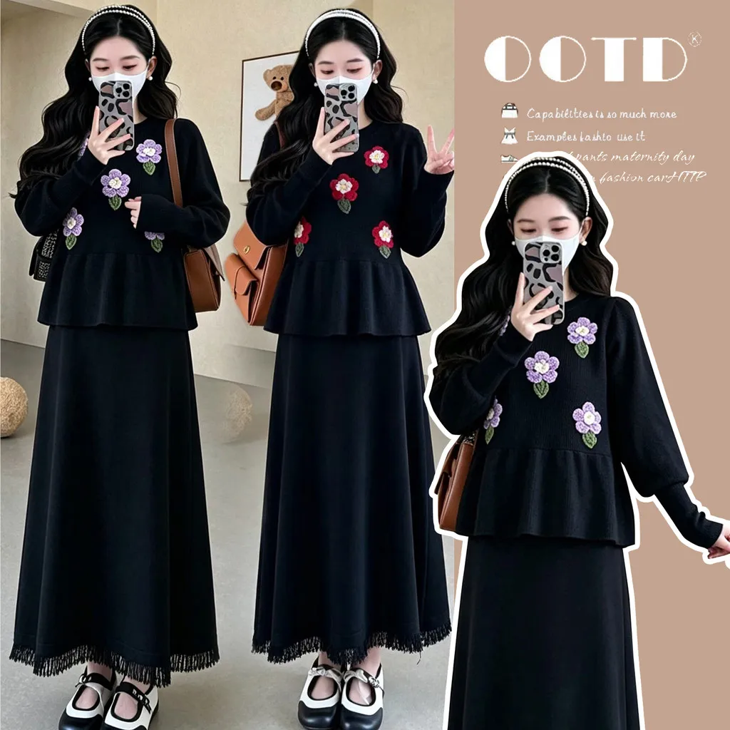 Maternity Suit Autumn Winter Knit Top Flower Embroidery and Tassel Skirt 2 Piece Set 2026