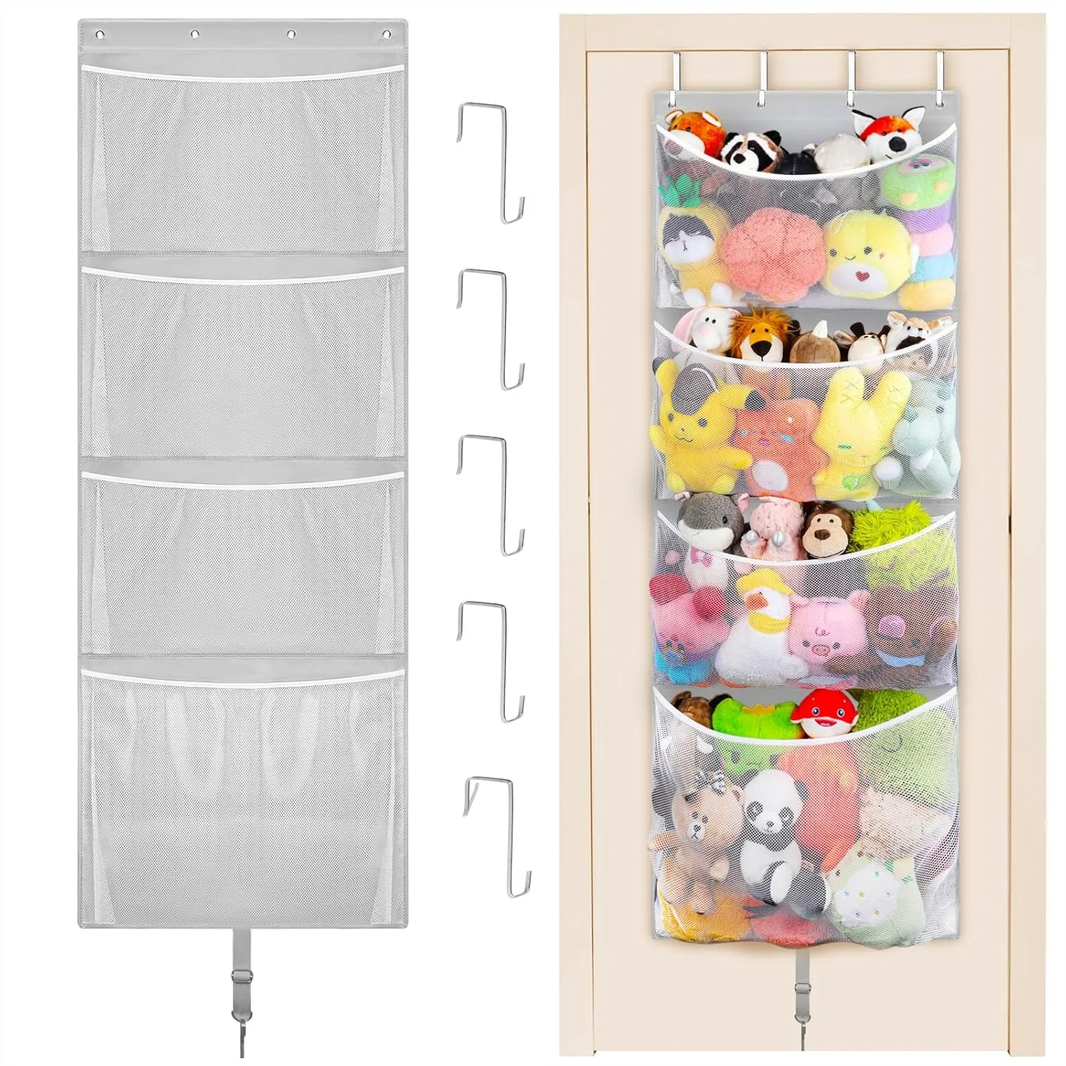 

Hanging Stuffed Animal Storage, Over Door Large Plush Toy Organizer with Metal Hook, Baby Accessory Holder for Nursery, Doll &