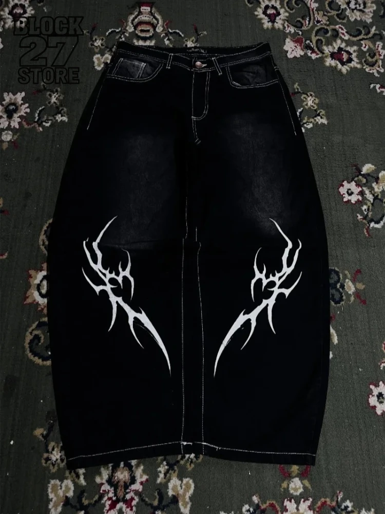 

Mens Jeans Harajuku American High Street Streetwear Hip Hop Punk Goth Black Washed Denim Pants Loose Straight Wide Leg Casual