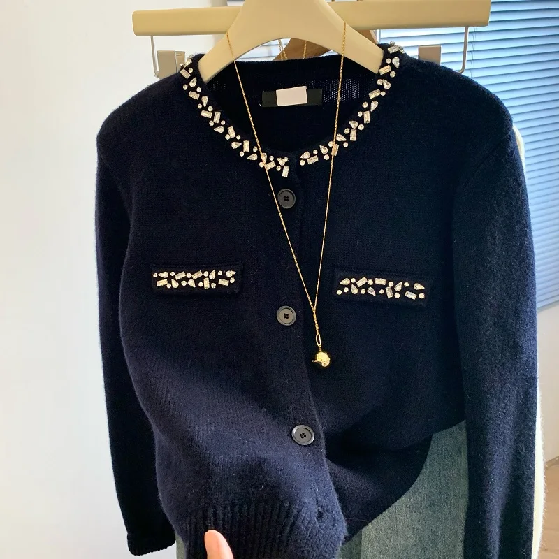 

2025 Women Clothing Cardigan Jackets Diamond O-neck Vintage Casual Knitted Sweater Tops Pull Femme Cardigans Sweater
