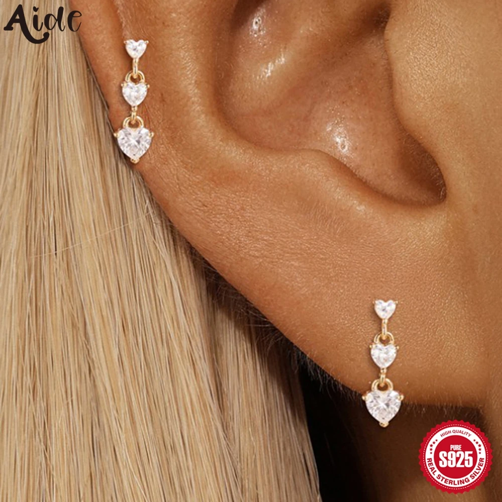 Aide 925 Sterling Silver Zircon Heart Earring For Women Vintage Layered Fringe Heart Stud Earring Wedding Valentine Jewelry Gift