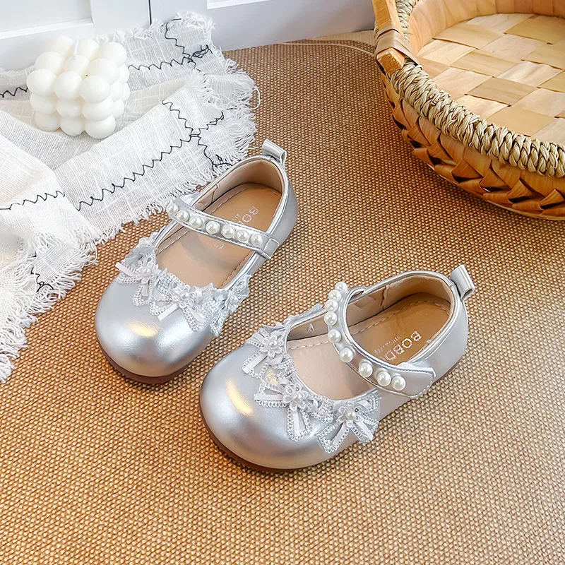 Girls Solid Color PU Leather Shoes Spring Autumn Pearl Flower Bow Princess Shoes Children's Kids School Student Loafer