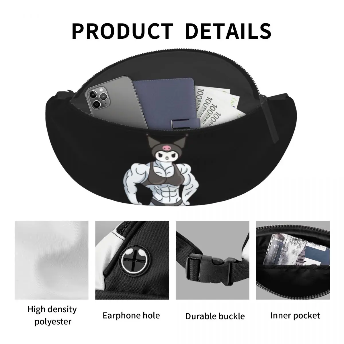 Homens e mulheres personalizados Kuromi Fanny Pack, bolsa de cintura crossbody para correr, bolsa de dinheiro do telefone