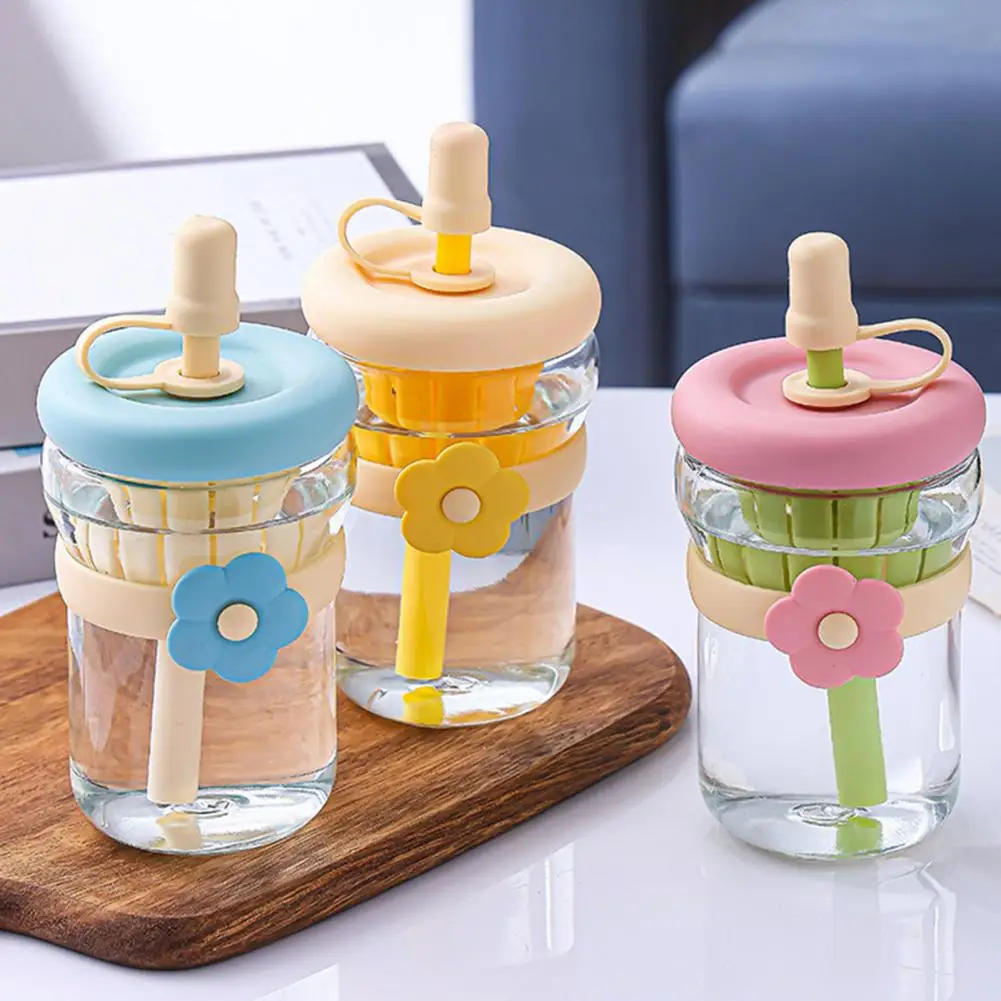 Glass Straw Cup, with Detachable Filter, Macaron Color Flower Decor, Portable Heat Resistant Travel Mug, for Home Office