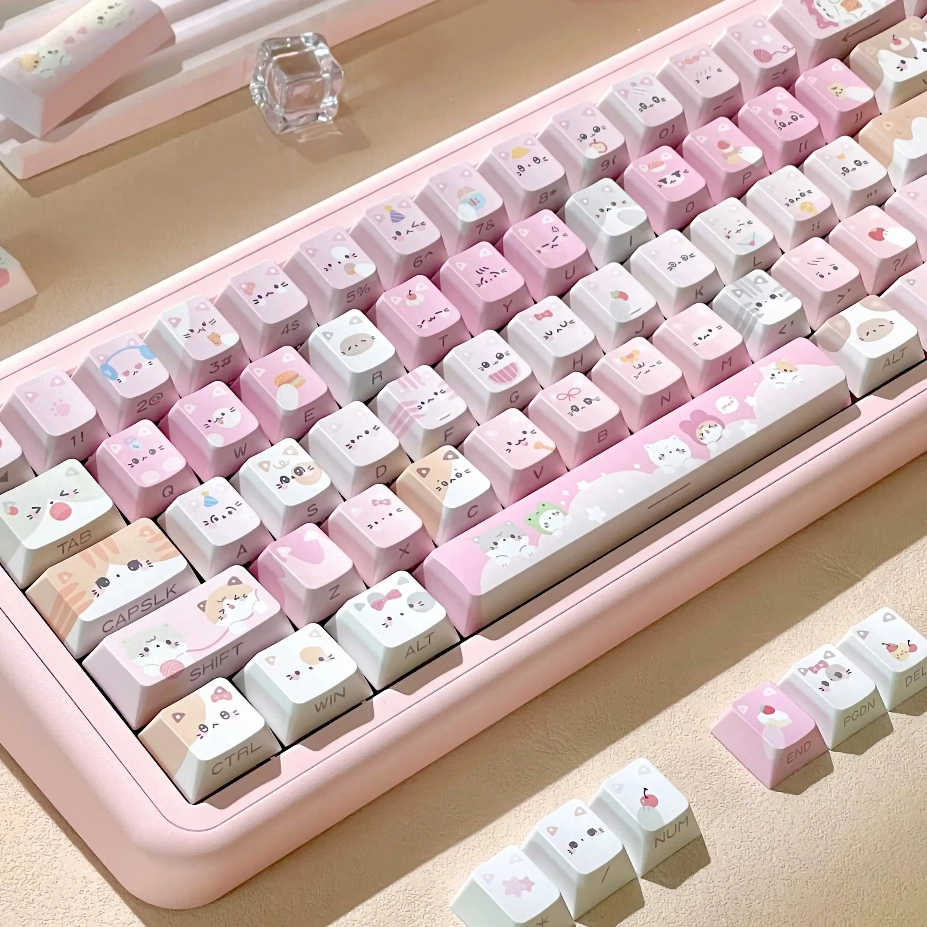 meow equipe keycap cereja pbt lado gravado transparente keycap 135 teclas sublimacao de calor rosa bonito gato keycap 01